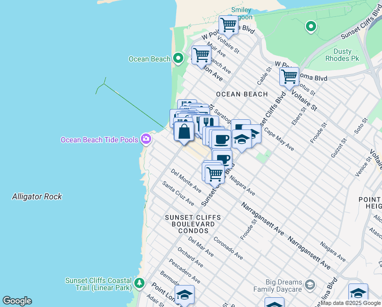 map of restaurants, bars, coffee shops, grocery stores, and more near 4972 Narragansett Avenue in San Diego