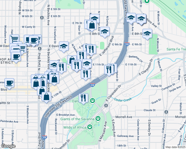 map of restaurants, bars, coffee shops, grocery stores, and more near 600 R.L. Thornton Freeway in Dallas