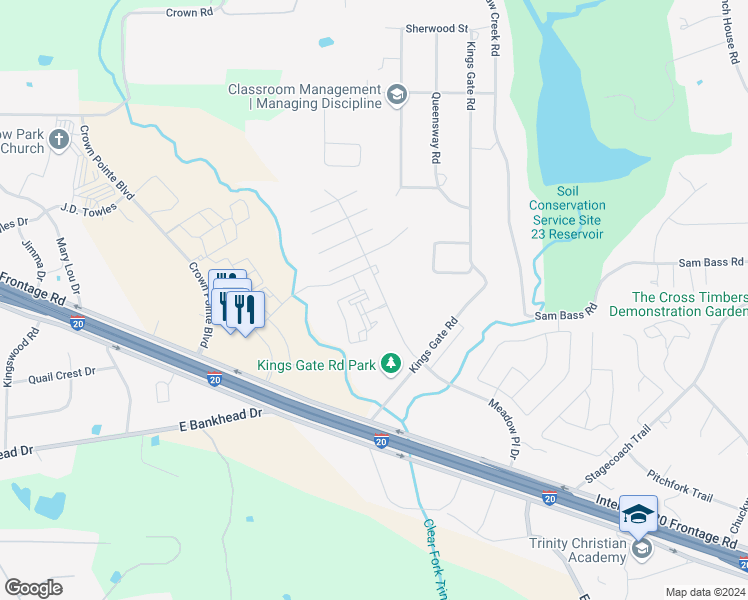 map of restaurants, bars, coffee shops, grocery stores, and more near Trinity Meadows Lane in Willow Park