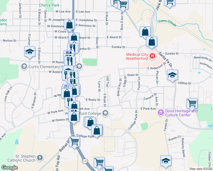 map of restaurants, bars, coffee shops, grocery stores, and more near 1127 South Rusk Street in Weatherford