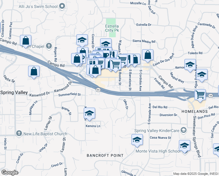map of restaurants, bars, coffee shops, grocery stores, and more near 9829 Dale Avenue in Spring Valley