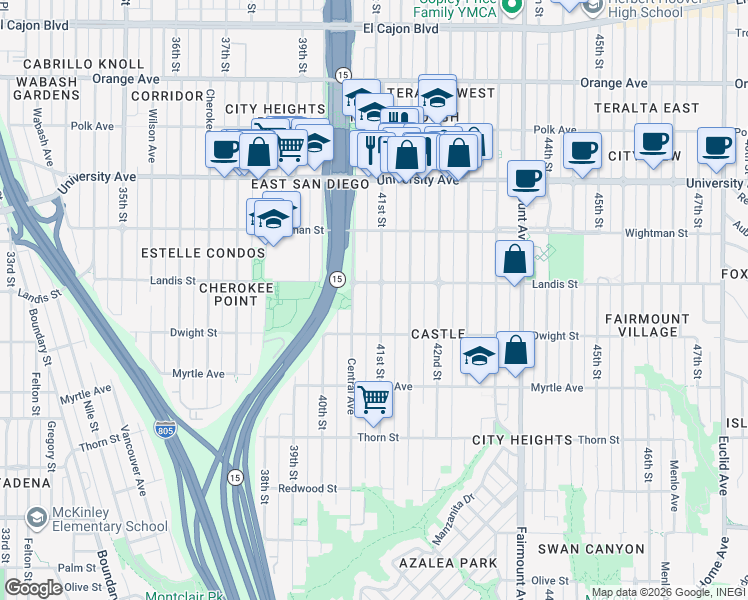 map of restaurants, bars, coffee shops, grocery stores, and more near 3666 41st Street in San Diego