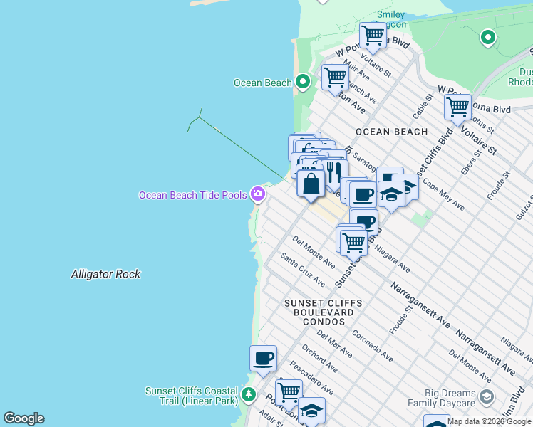 map of restaurants, bars, coffee shops, grocery stores, and more near 5080 Del Monte Avenue in San Diego