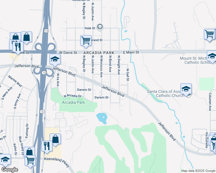 map of restaurants, bars, coffee shops, grocery stores, and more near 4126 West Jefferson Boulevard in Dallas