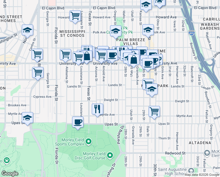 map of restaurants, bars, coffee shops, grocery stores, and more near 3653 Arnold Avenue in San Diego