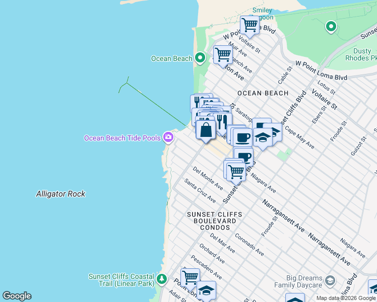 map of restaurants, bars, coffee shops, grocery stores, and more near 5030 Del Monte Avenue in San Diego