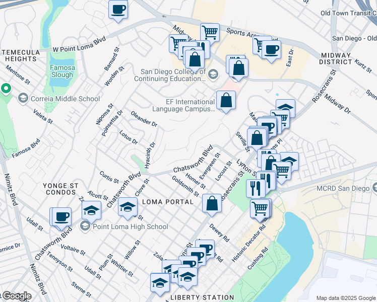 map of restaurants, bars, coffee shops, grocery stores, and more near 3441 Wisteria Drive in San Diego