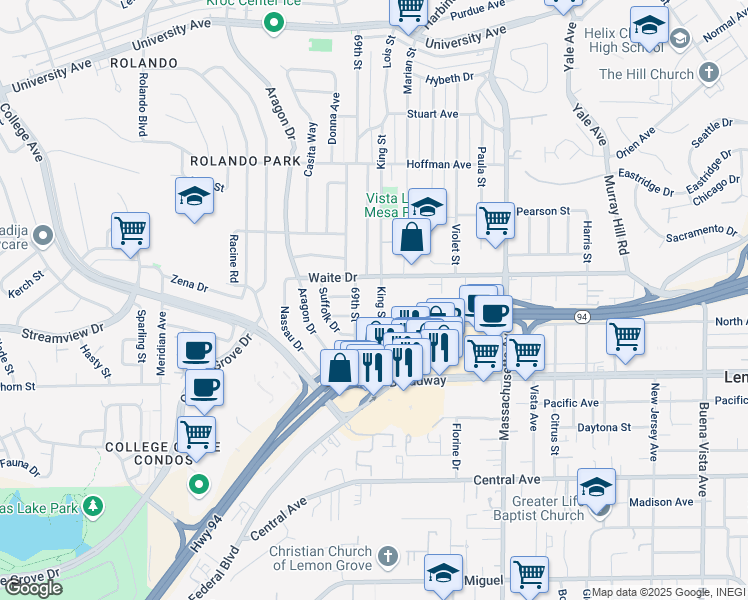 map of restaurants, bars, coffee shops, grocery stores, and more near 3706 King Street in La Mesa