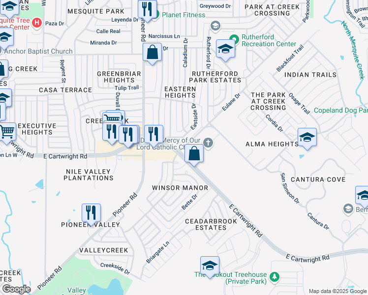 map of restaurants, bars, coffee shops, grocery stores, and more near 0 Mesquite Valley Road in Mesquite