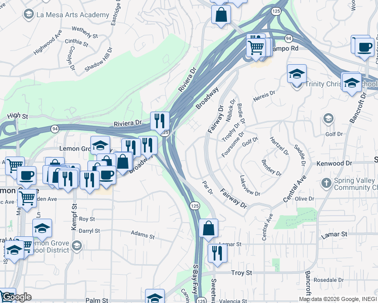 map of restaurants, bars, coffee shops, grocery stores, and more near 3443 Trophy Drive in La Mesa