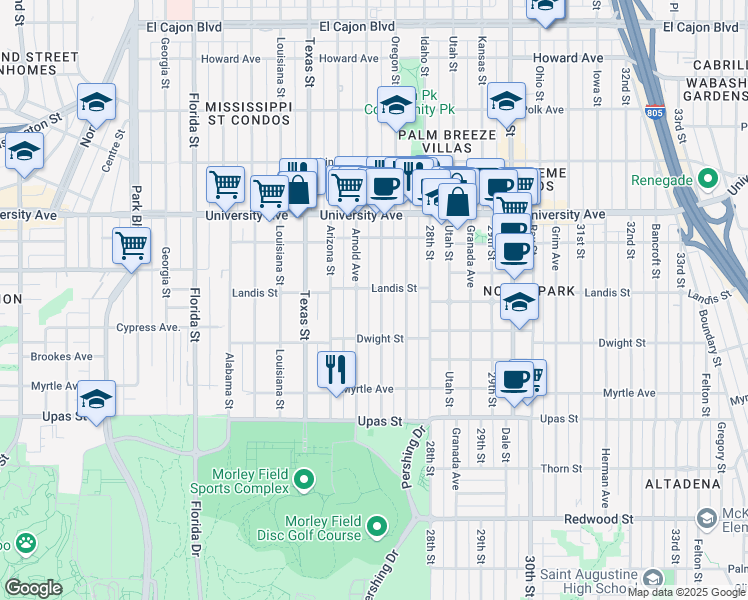 map of restaurants, bars, coffee shops, grocery stores, and more near 3674 Villa Terrace in San Diego