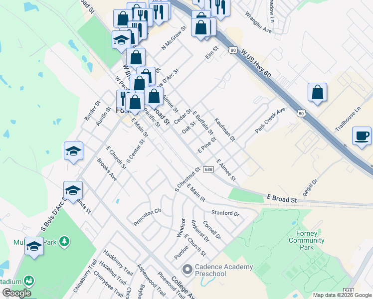 map of restaurants, bars, coffee shops, grocery stores, and more near 601 East Broad Street in Forney