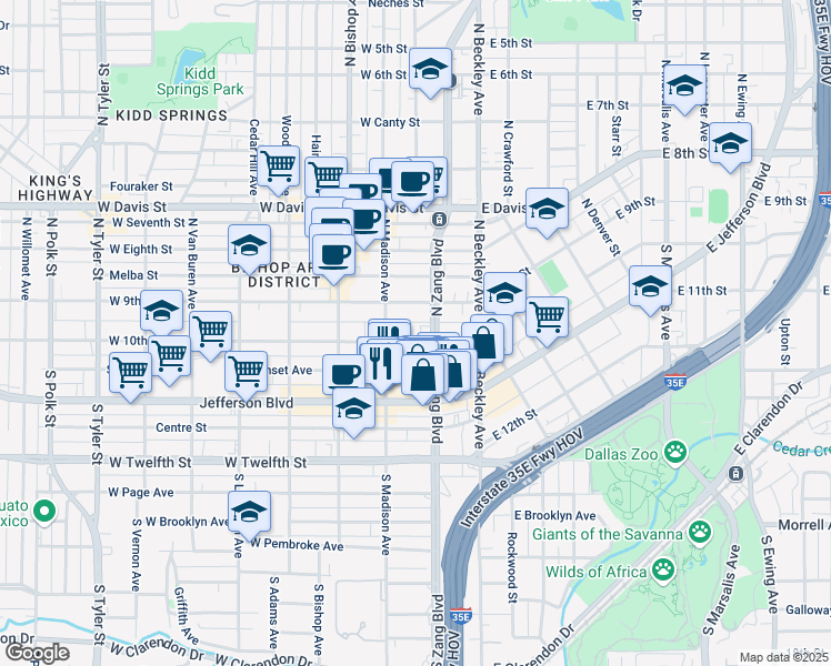 map of restaurants, bars, coffee shops, grocery stores, and more near 206 West 10th Street in Dallas