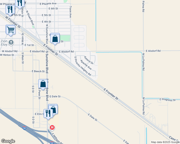 map of restaurants, bars, coffee shops, grocery stores, and more near 254 South Picacho Heights Road in Eloy
