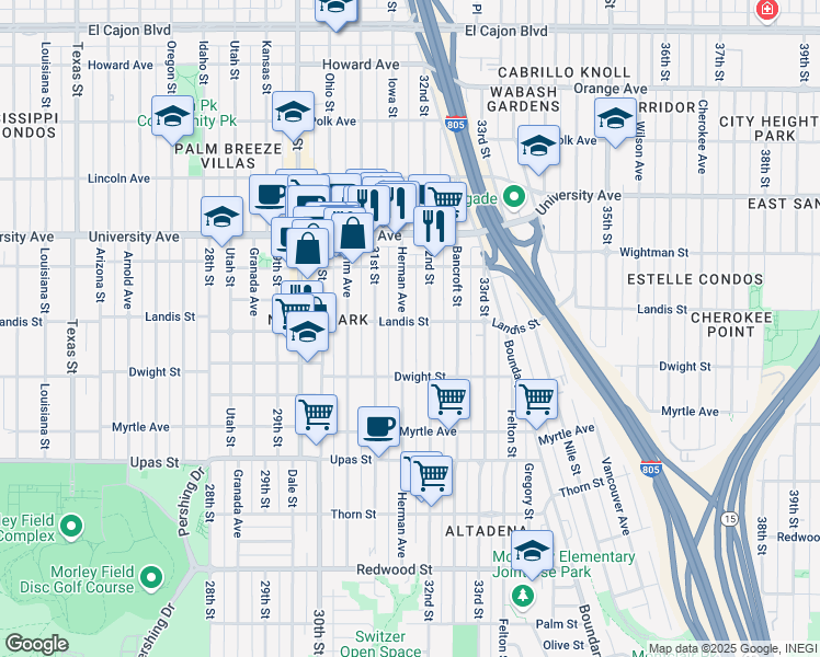 map of restaurants, bars, coffee shops, grocery stores, and more near 3167 Landis Street in San Diego