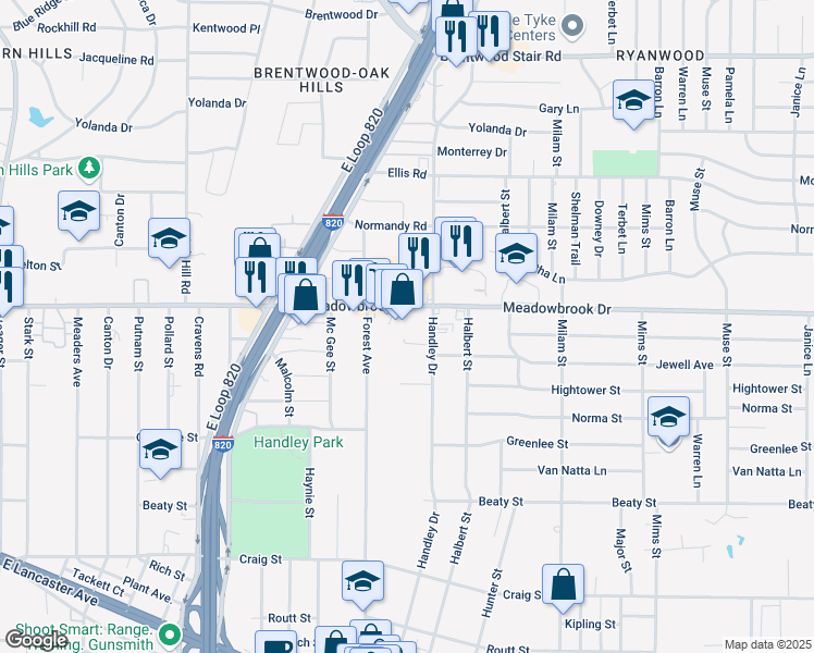 map of restaurants, bars, coffee shops, grocery stores, and more near 2401 Forest Avenue in Fort Worth