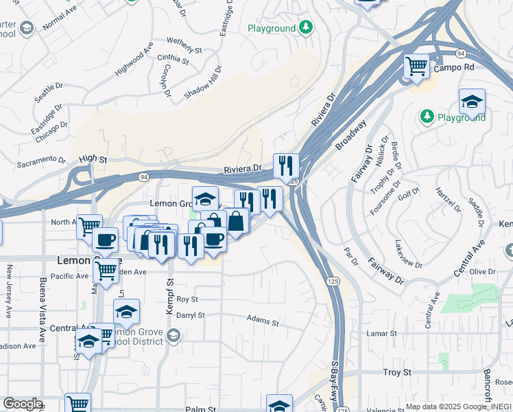 map of restaurants, bars, coffee shops, grocery stores, and more near 8230 Lemon Grove Way in Lemon Grove