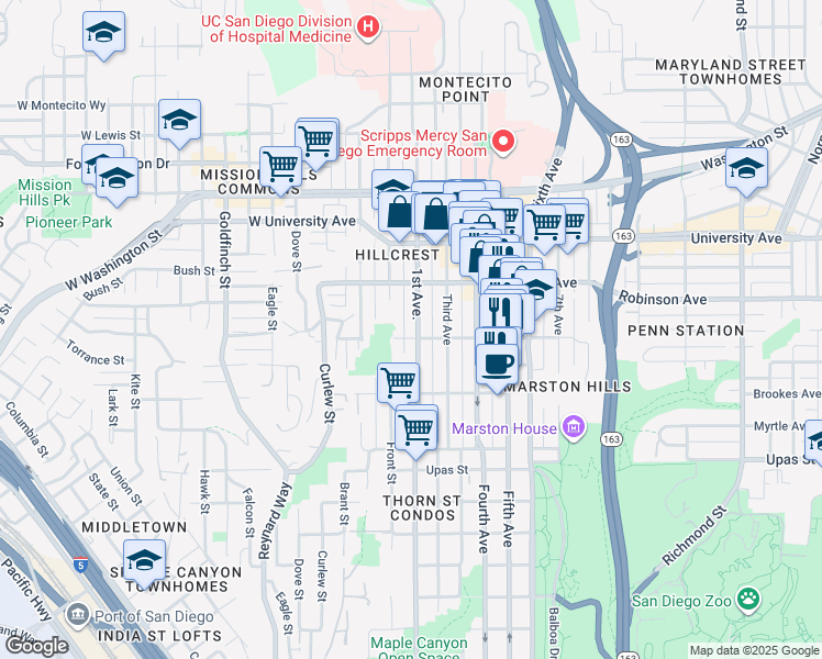 map of restaurants, bars, coffee shops, grocery stores, and more near 3677 1st Avenue in San Diego