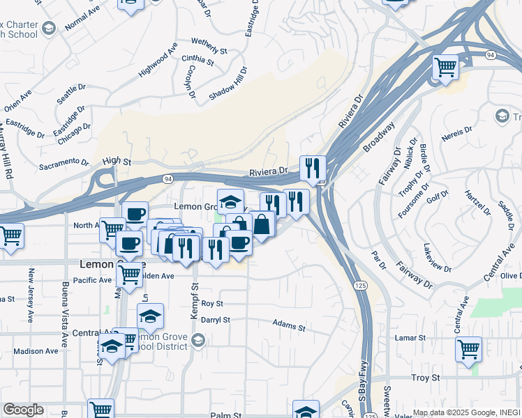map of restaurants, bars, coffee shops, grocery stores, and more near 8202 Lemon Grove Way in Lemon Grove
