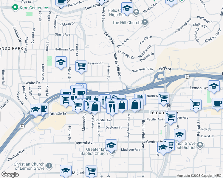 map of restaurants, bars, coffee shops, grocery stores, and more near 3669 Harris Street in La Mesa