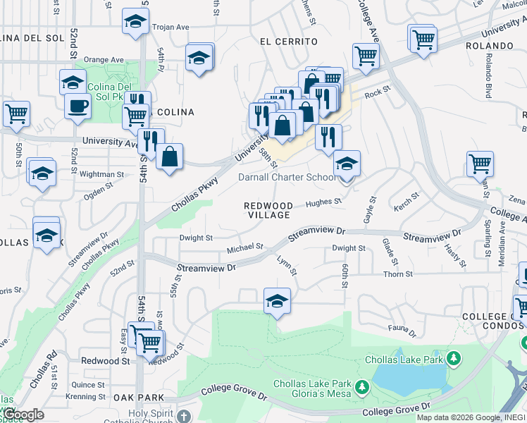 map of restaurants, bars, coffee shops, grocery stores, and more near 3874-3882 58th Street in San Diego