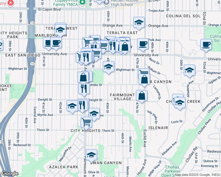 map of restaurants, bars, coffee shops, grocery stores, and more near 3651 45th Street in San Diego