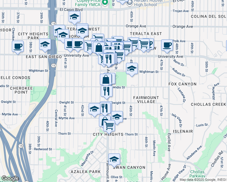 map of restaurants, bars, coffee shops, grocery stores, and more near 3645 Fairmount Avenue in San Diego