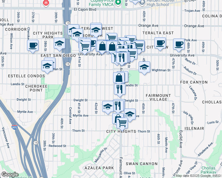 map of restaurants, bars, coffee shops, grocery stores, and more near 3645 43rd Street in San Diego
