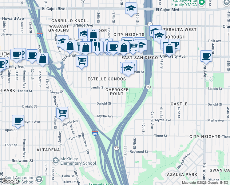 map of restaurants, bars, coffee shops, grocery stores, and more near 3653 Cherokee Avenue in San Diego
