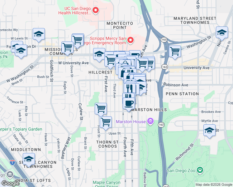 map of restaurants, bars, coffee shops, grocery stores, and more near 329 Pennsylvania Avenue in San Diego