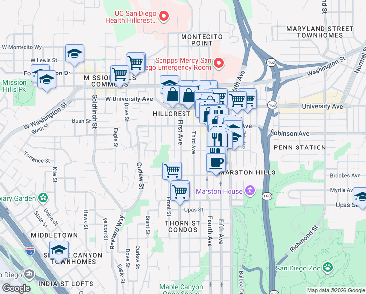 map of restaurants, bars, coffee shops, grocery stores, and more near 3677 1st Avenue in San Diego