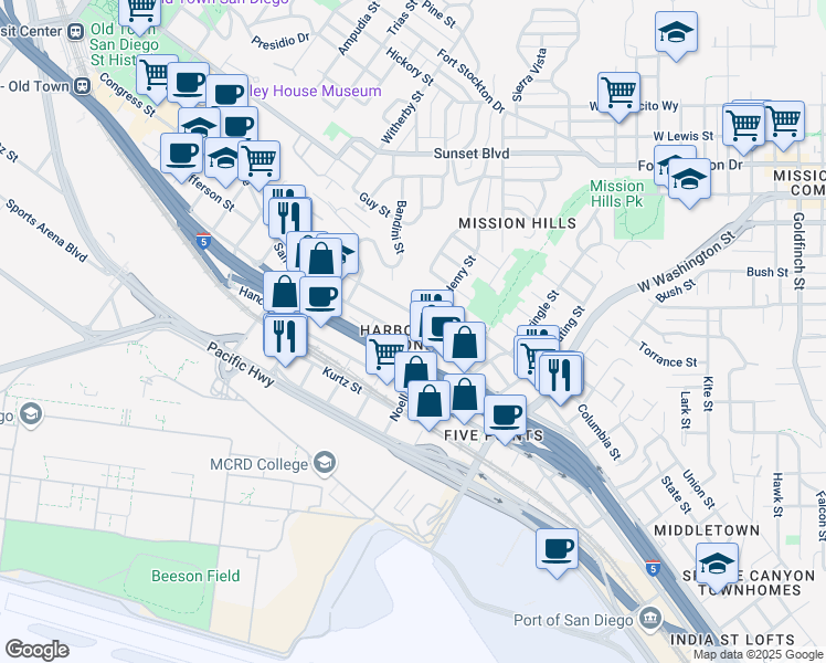map of restaurants, bars, coffee shops, grocery stores, and more near 1912 San Diego Avenue in San Diego