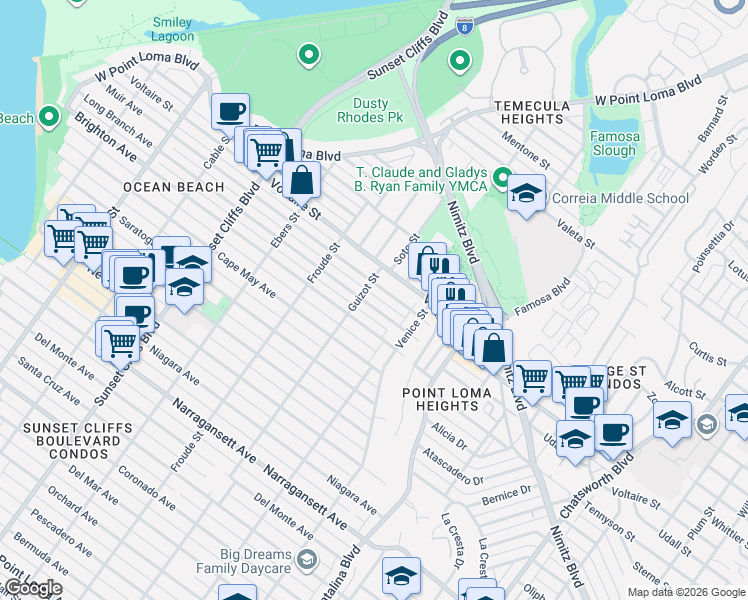 map of restaurants, bars, coffee shops, grocery stores, and more near 4461 Long Branch Avenue in San Diego