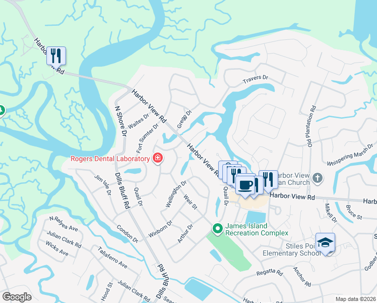 map of restaurants, bars, coffee shops, grocery stores, and more near 1089 Harbor View Road in Charleston