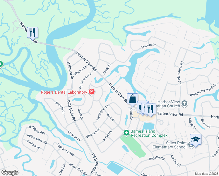 map of restaurants, bars, coffee shops, grocery stores, and more near 1089 Harbor View Road in Charleston