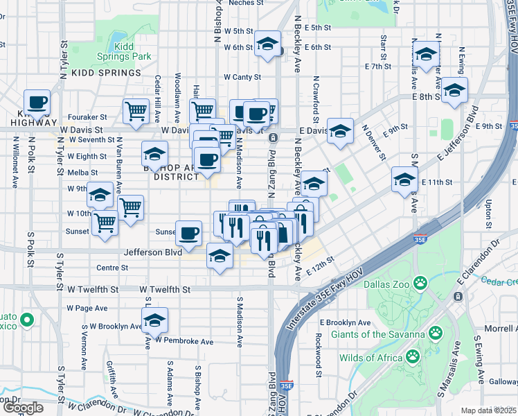 map of restaurants, bars, coffee shops, grocery stores, and more near 206 West 10th Street in Dallas