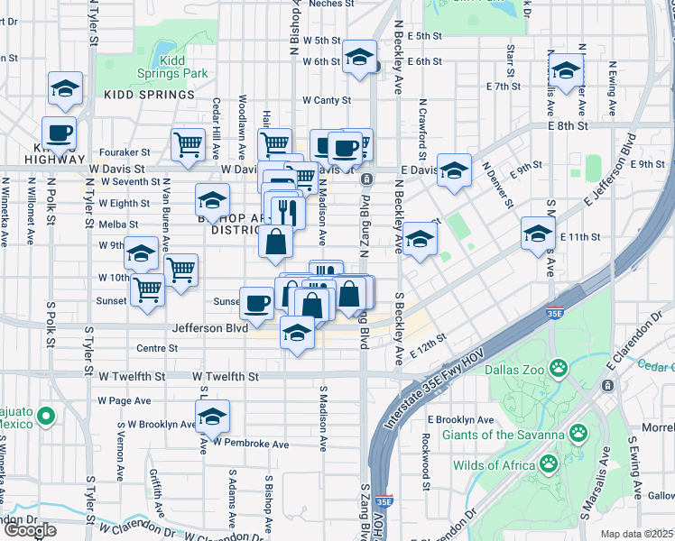 map of restaurants, bars, coffee shops, grocery stores, and more near 238 West 10th Street in Dallas