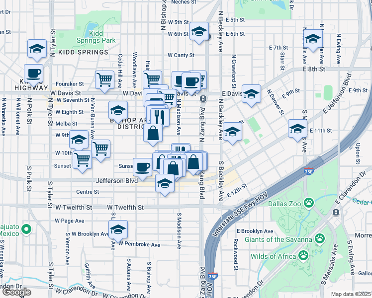 map of restaurants, bars, coffee shops, grocery stores, and more near 238 West 10th Street in Dallas