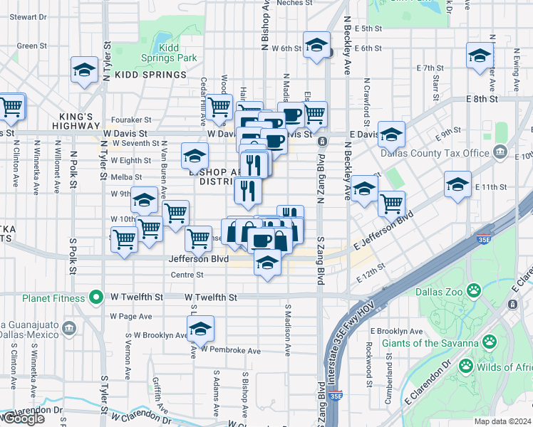 map of restaurants, bars, coffee shops, grocery stores, and more near 334 West 10th Street in Dallas