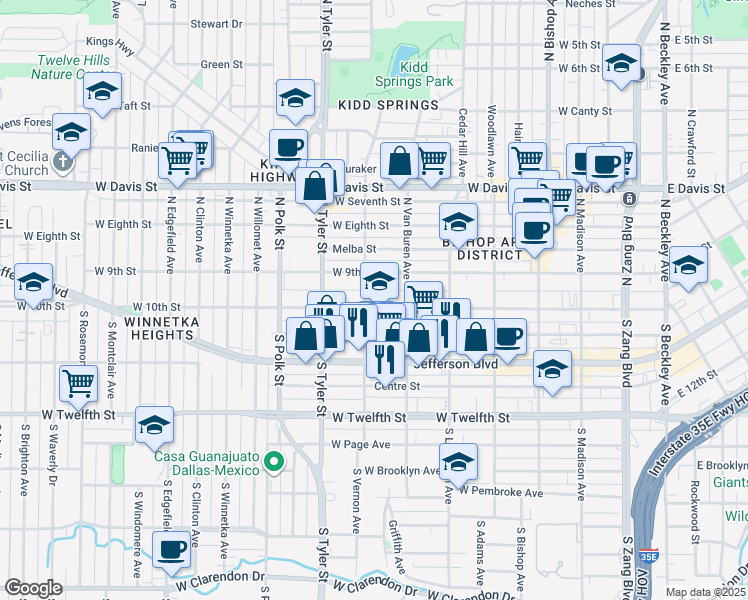 map of restaurants, bars, coffee shops, grocery stores, and more near 738 West 10th Street in Dallas