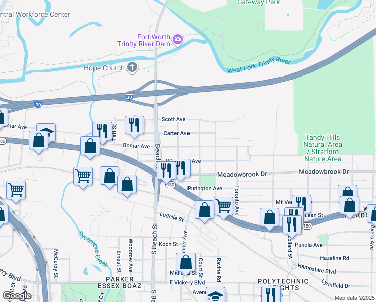 map of restaurants, bars, coffee shops, grocery stores, and more near 2709 Wilkinson Avenue in Fort Worth