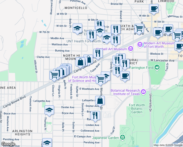 map of restaurants, bars, coffee shops, grocery stores, and more near 3811 Tulsa Way in Fort Worth