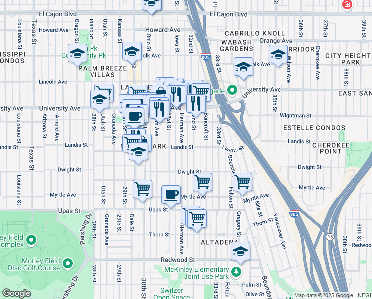 map of restaurants, bars, coffee shops, grocery stores, and more near 3659 Herman Avenue in San Diego