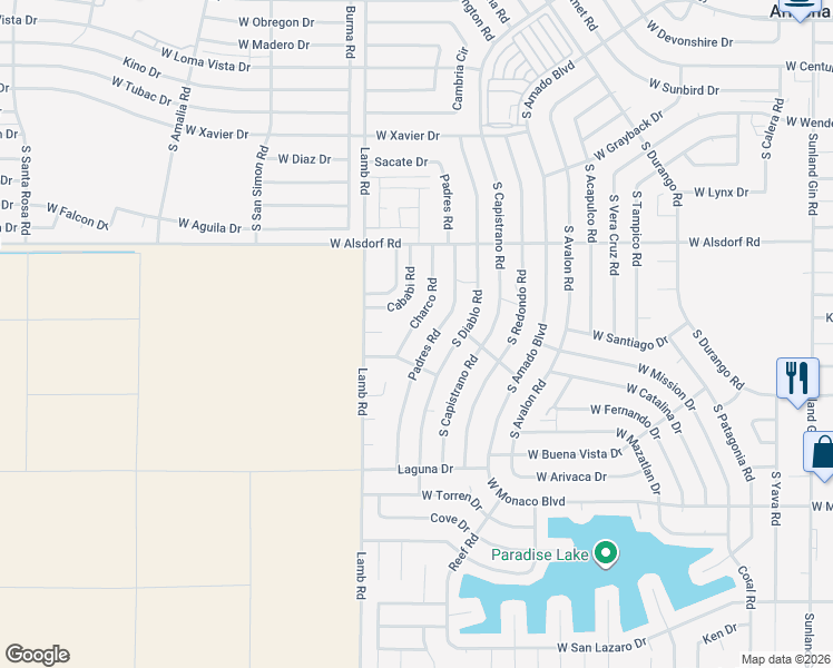 map of restaurants, bars, coffee shops, grocery stores, and more near 14884 Charco Road in Arizona City