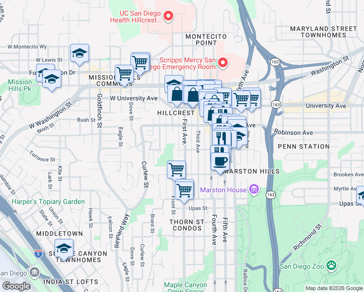 map of restaurants, bars, coffee shops, grocery stores, and more near 3677 1st Avenue in San Diego