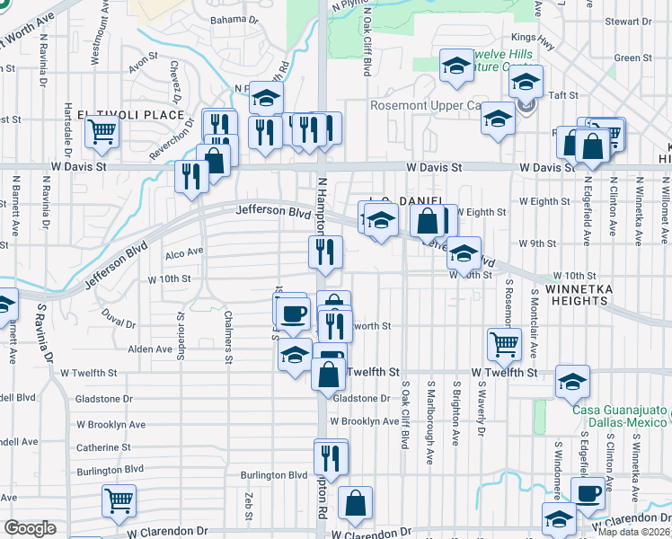 map of restaurants, bars, coffee shops, grocery stores, and more near 201 North Tennant Street in Dallas