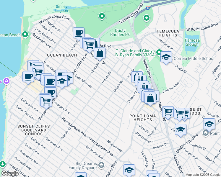 map of restaurants, bars, coffee shops, grocery stores, and more near 4519 Brighton Avenue in San Diego
