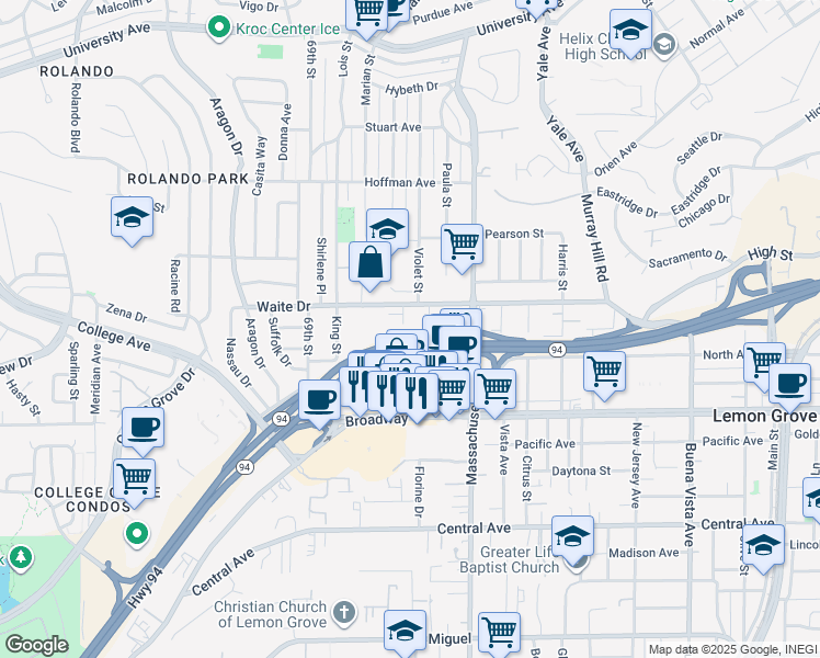 map of restaurants, bars, coffee shops, grocery stores, and more near 3705 Jill Lane in La Mesa