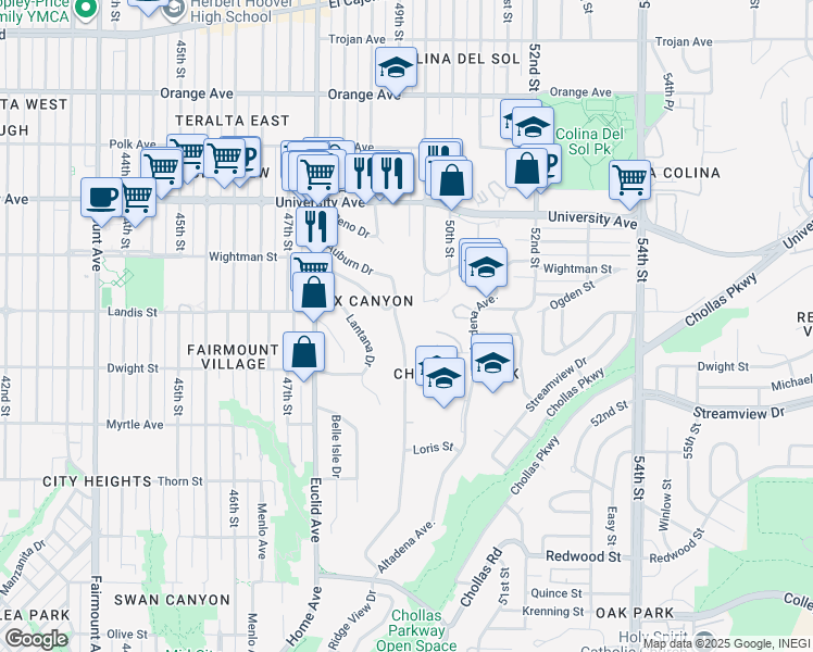map of restaurants, bars, coffee shops, grocery stores, and more near 4986 Auburn Drive in San Diego