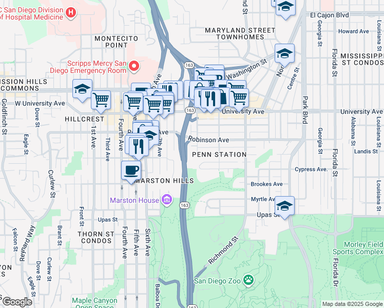 map of restaurants, bars, coffee shops, grocery stores, and more near 3700 10th Avenue in San Diego